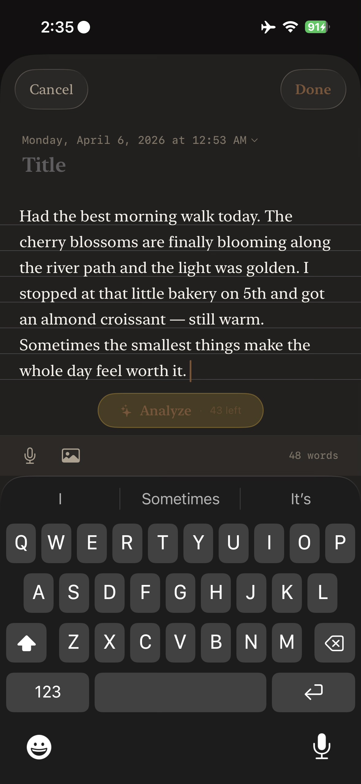 Writing an entry in Zian's Deep Journal