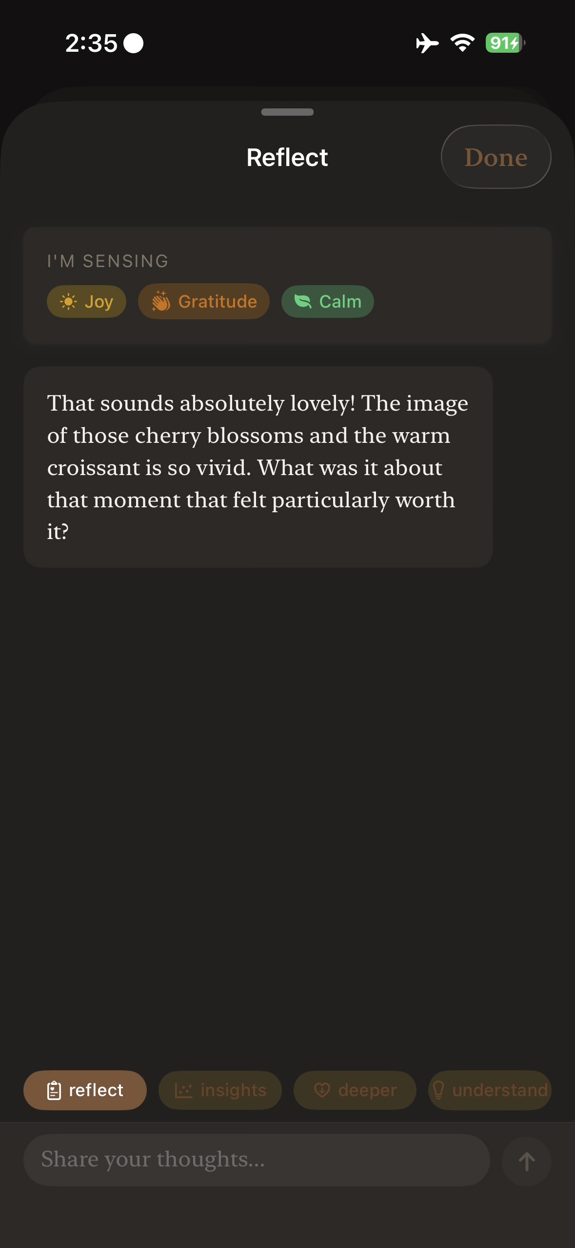 Optional AI reflection in Zian's Deep Journal