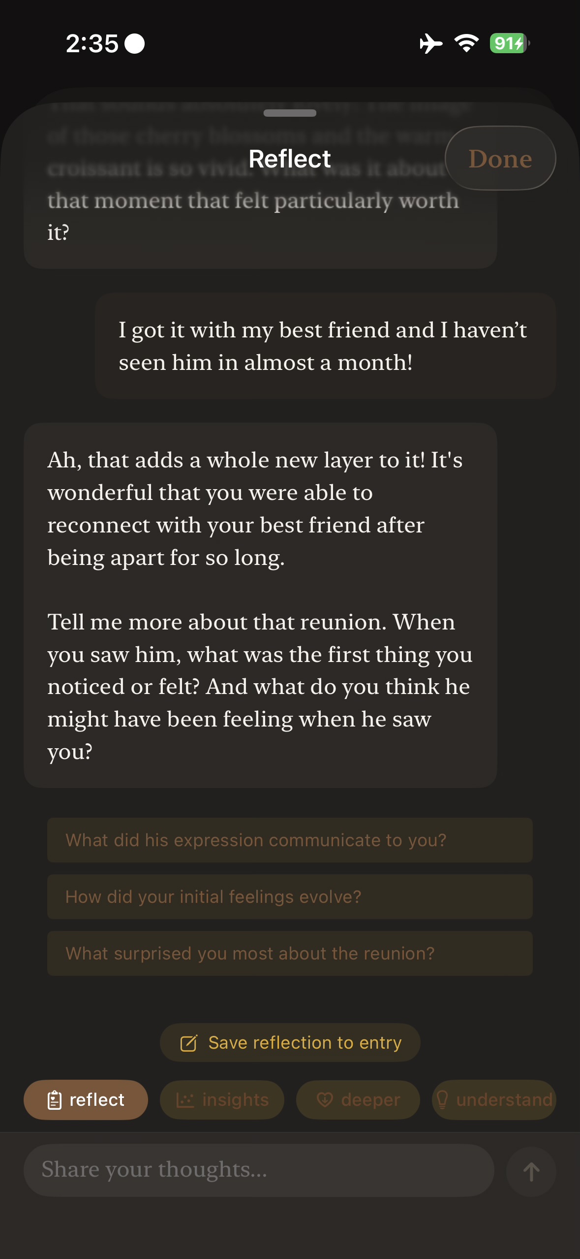 A guided reflection conversation in Zian's Deep Journal
