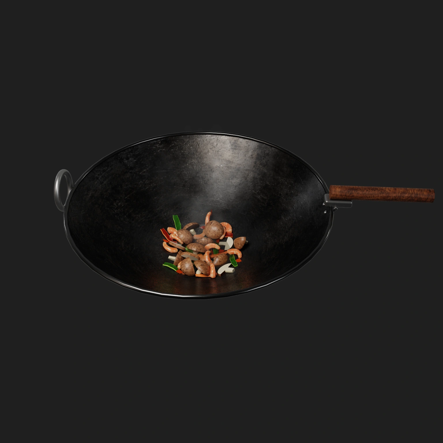 Gyro carbon-steel wok with shrimp, mushrooms, and peppers