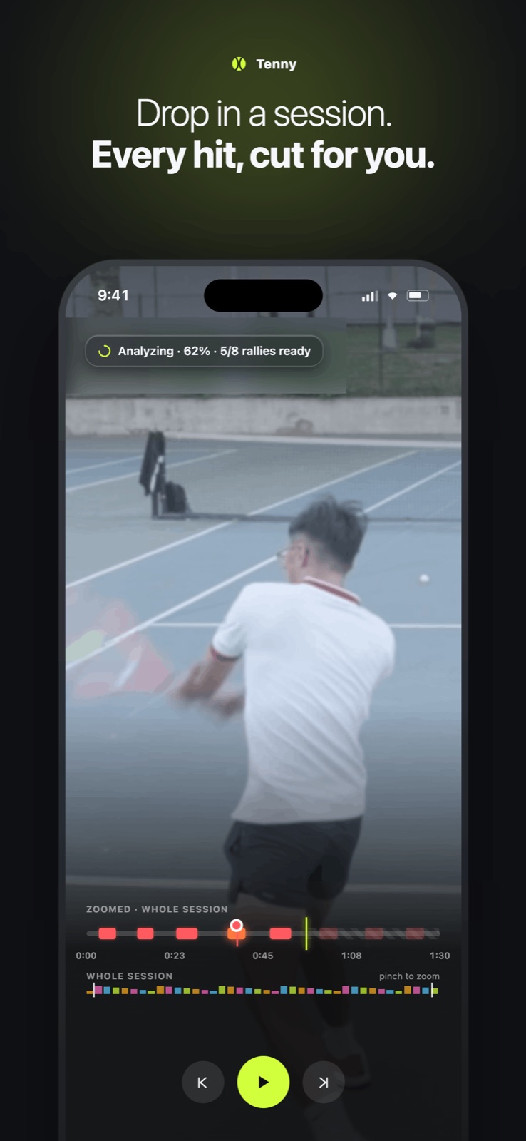Tenny automatically analyzing and cutting every rally in a practice session