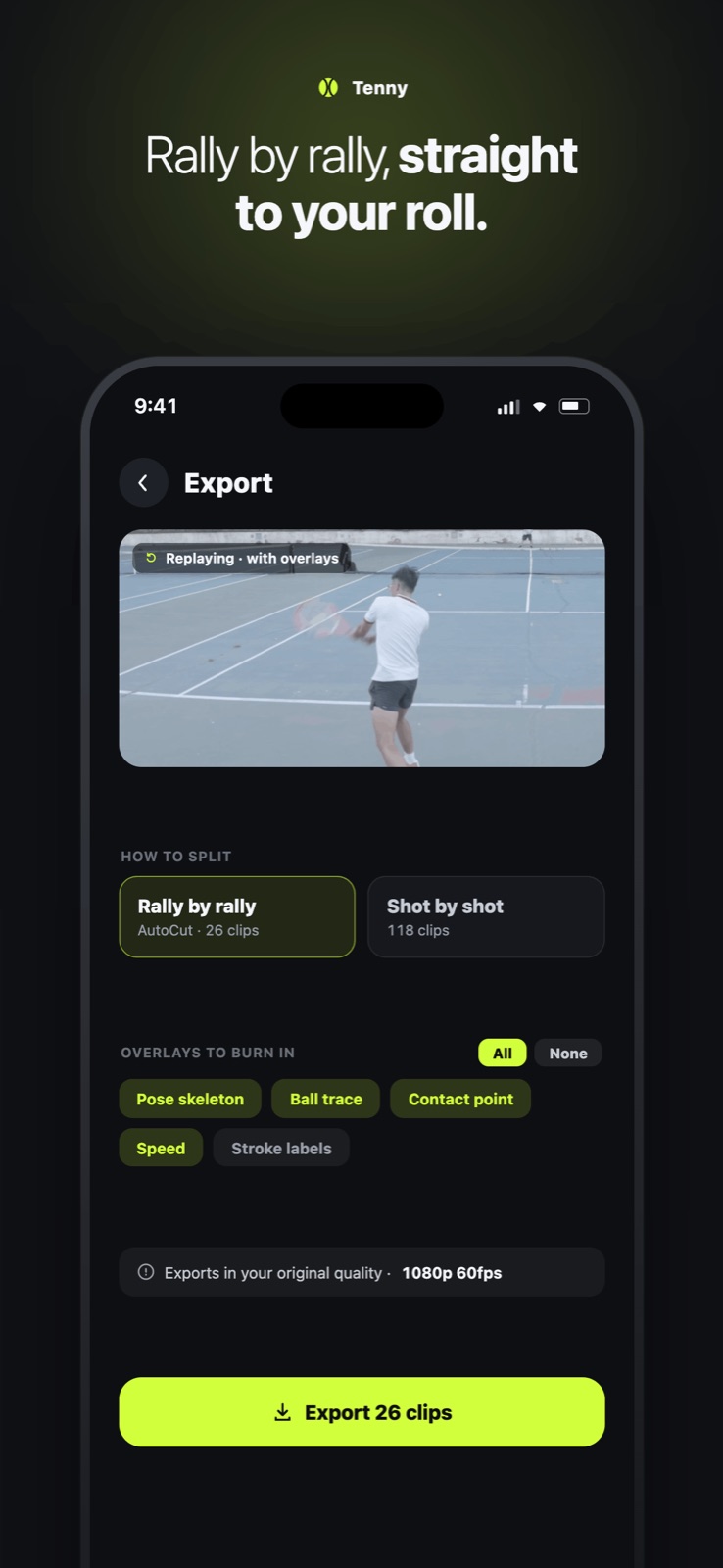 Tenny exporting a practice session rally by rally with analysis overlays