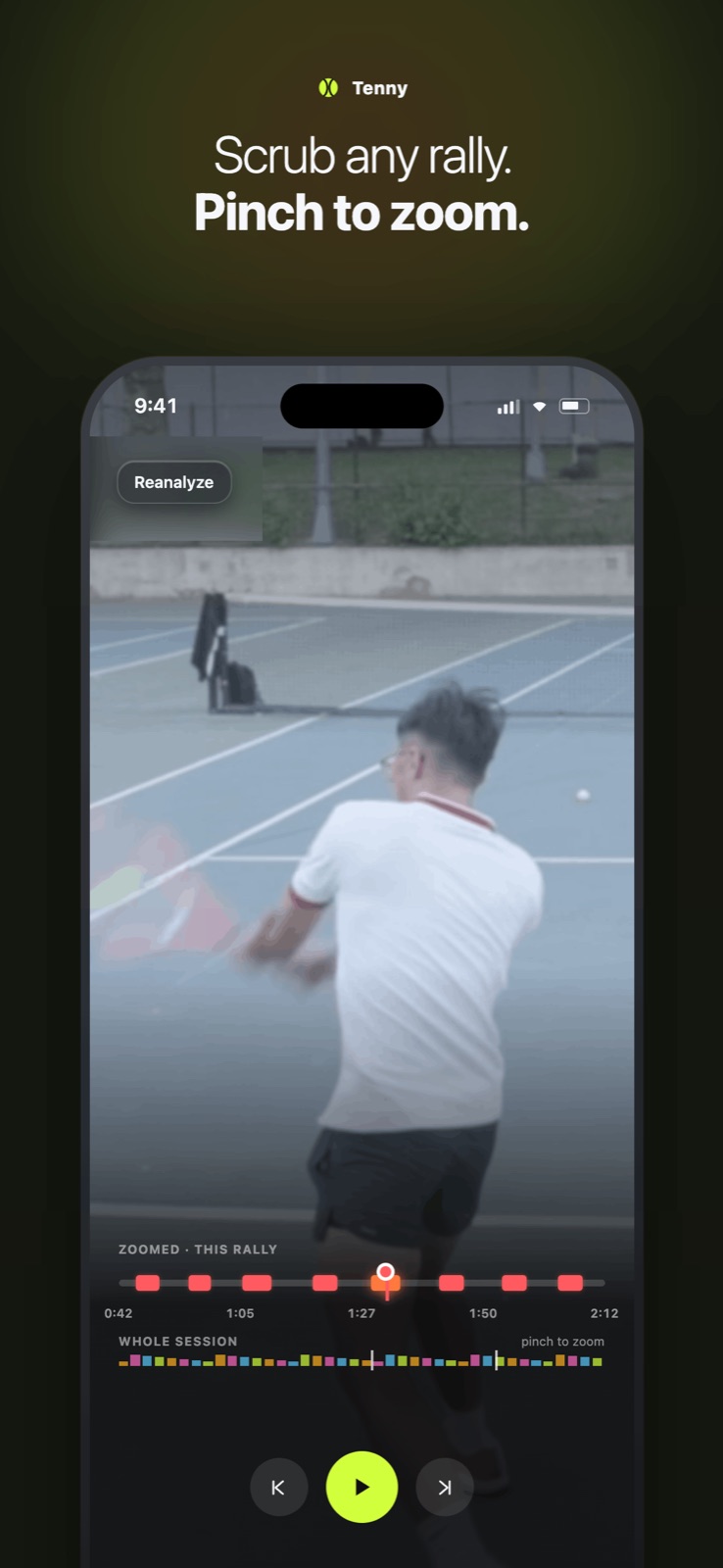 Tenny rally timeline with scrubbing and pinch-to-zoom controls