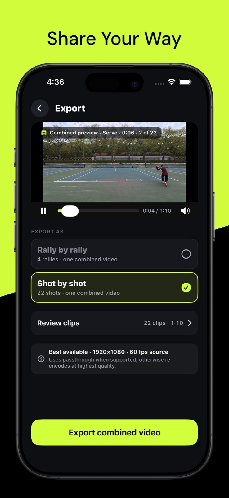 Tenny exporting rallies or individual shots as one combined video