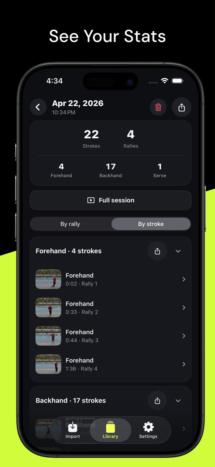 Tenny session statistics with forehand, backhand, serve, stroke, and rally counts