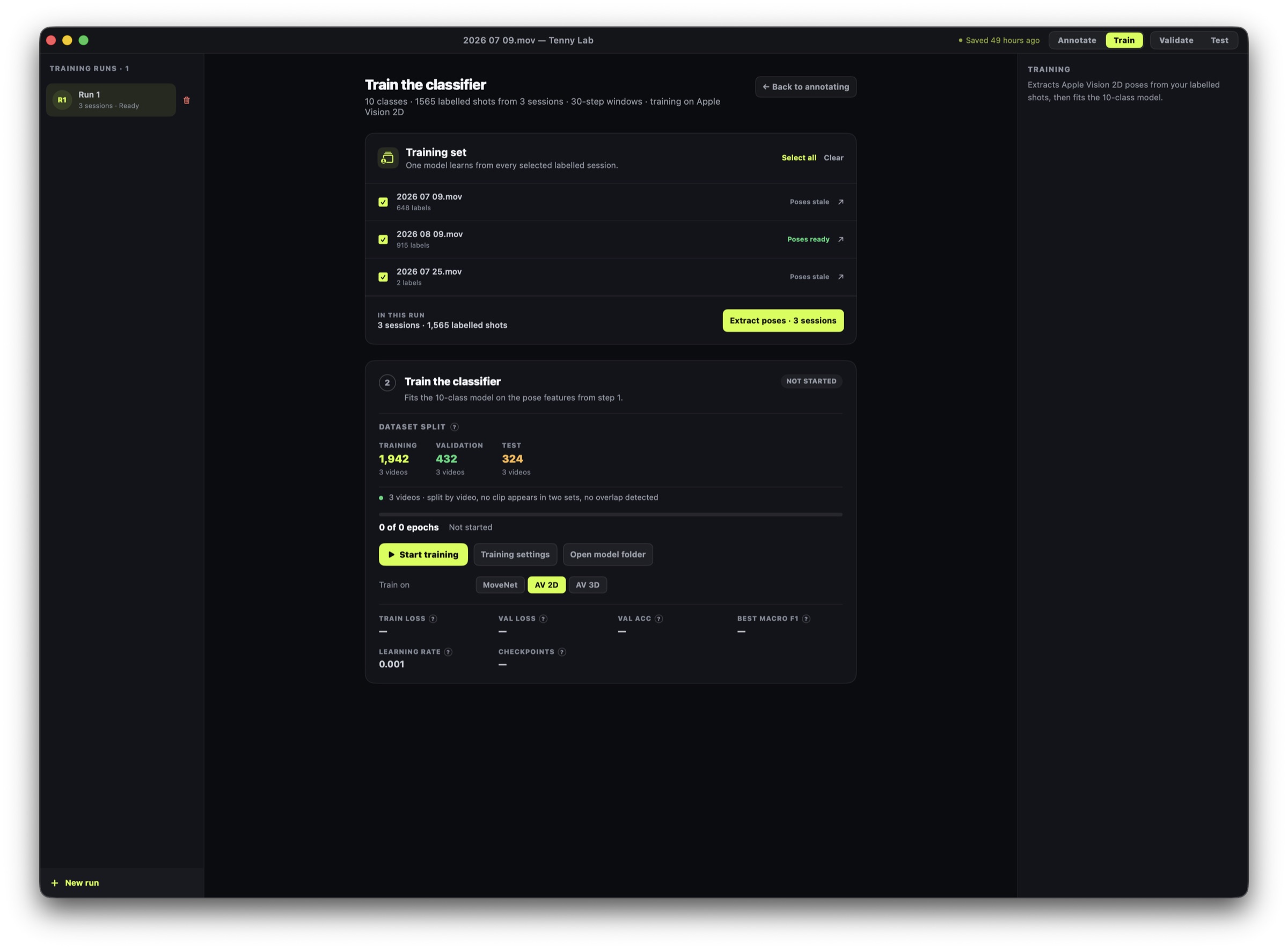 Tenny Lab classifier training workspace on Mac