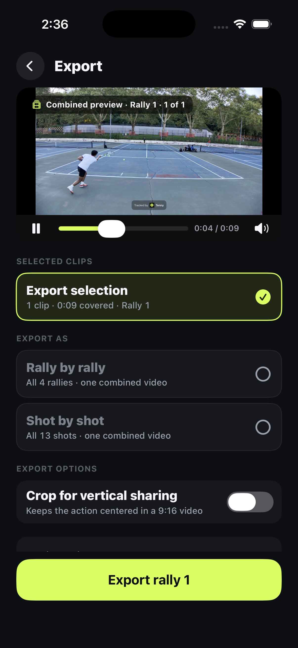 Tenny export screen with options for selected clips, rallies, individual shots, and vertical sharing