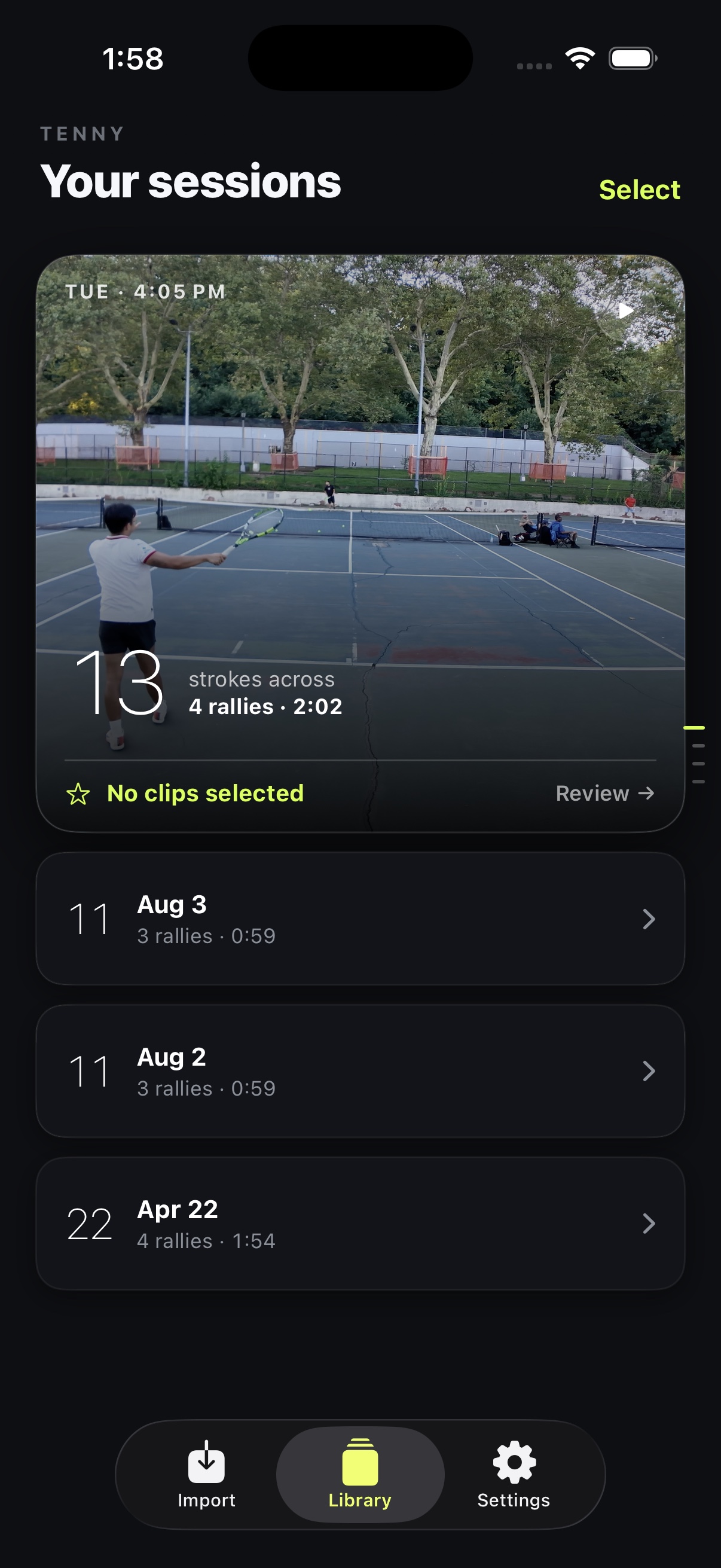 Tenny library showing recorded tennis sessions and a recent session summary