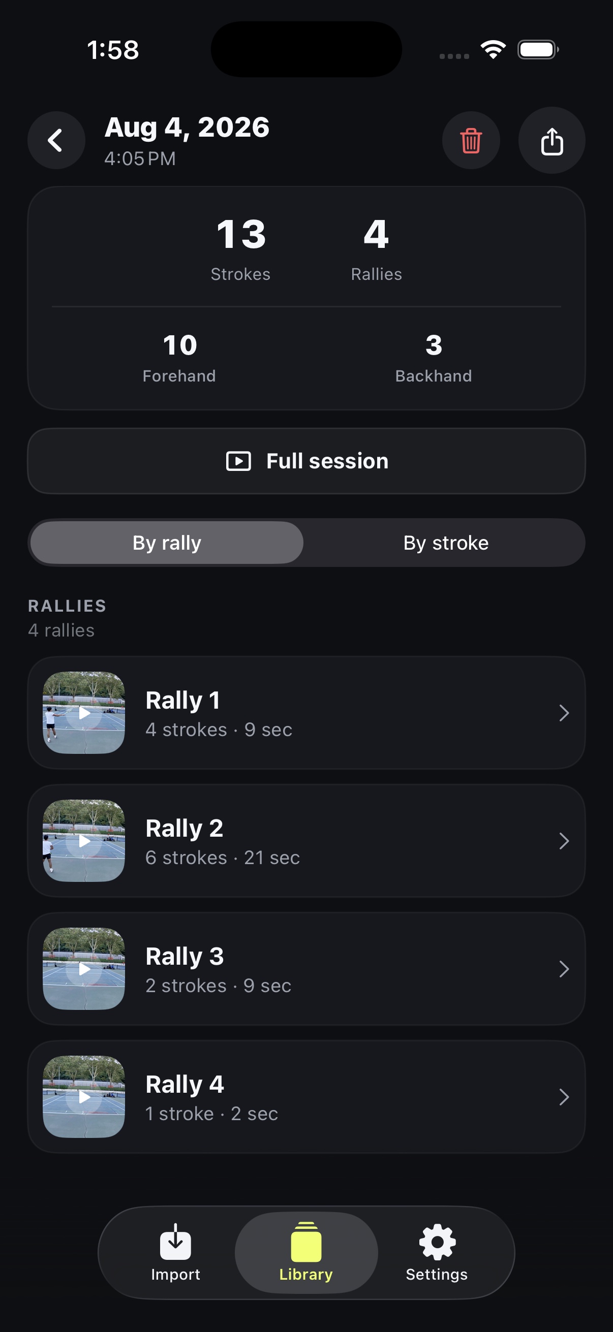 Tenny session statistics with stroke, rally, forehand, and backhand counts
